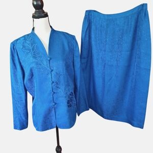 Adrianna Papell 15 Peacock Blue Mother Of Bride Silk Asian Style Emb. Suit